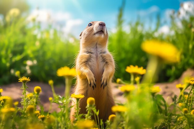 Chien de prairie dans la faune Joli chien de prairie sur un champ d'été avec des fleurs