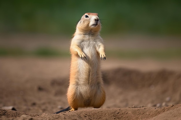 Un chien de prairie se dresse sur ses pattes arrière dans le sable.