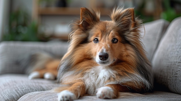 Le chien préféré est allongé sur le canapé du salon.