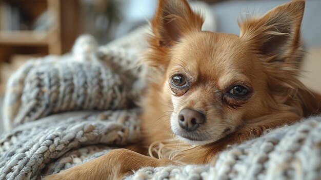 Le chien préféré est allongé sur le canapé du salon.