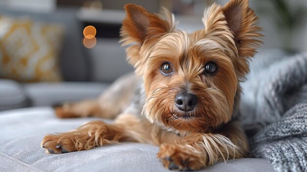 Le chien préféré est allongé sur le canapé du salon.