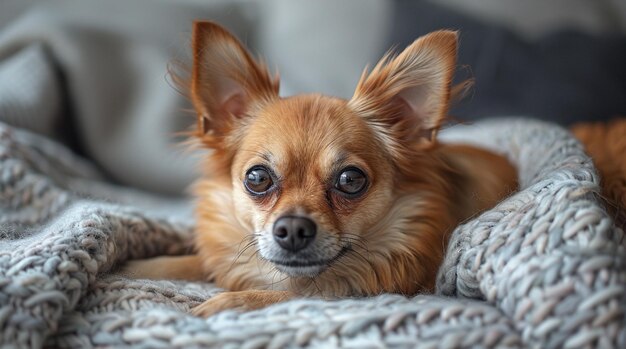 Le chien préféré est allongé sur le canapé du salon.