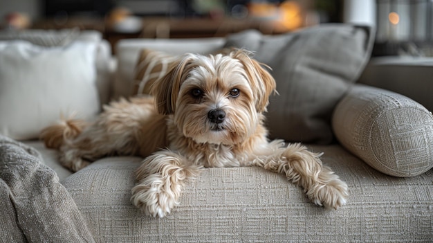 Le chien préféré est allongé sur le canapé du salon.