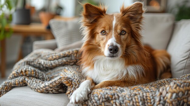 Le chien préféré est allongé sur le canapé du salon.