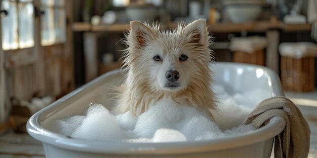 Le chien préféré se baigne dans le bain Prendre soin d'un chien à la maison Baigner le chien