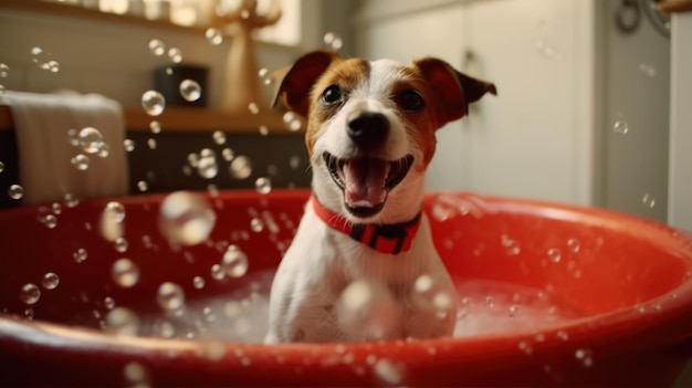 Un chien prenant un bain avec des bulles en arrière-plan