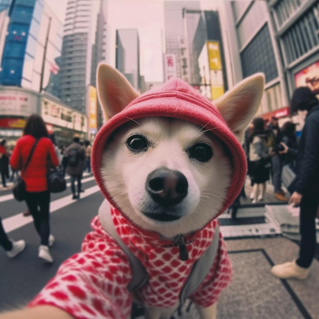 Un chien prend un selfie lors d'un voyage au Japon à Tokyo AI Generated