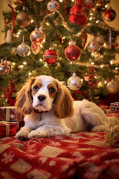 Chien près de l'arbre de Noël à la maison Chien joyeux posant sur le fond de Noël