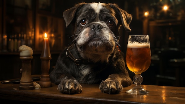 Chien profitant d'un pub avec de la bière