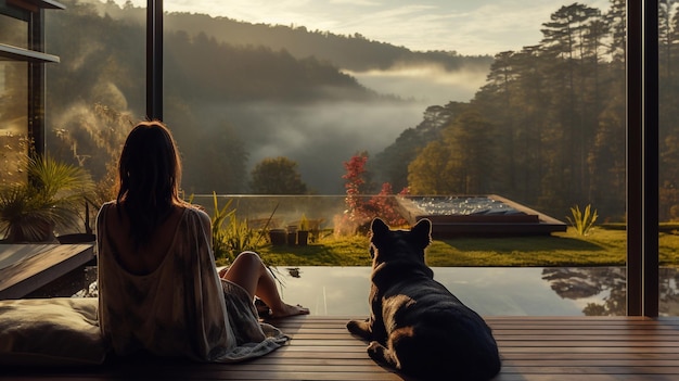 chien et propriétaire regardant par la fenêtre d'une maison dans les montagnes