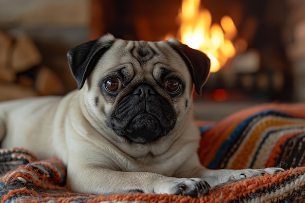 Photo un chien pug allongé confortablement sur un tapis rétro près