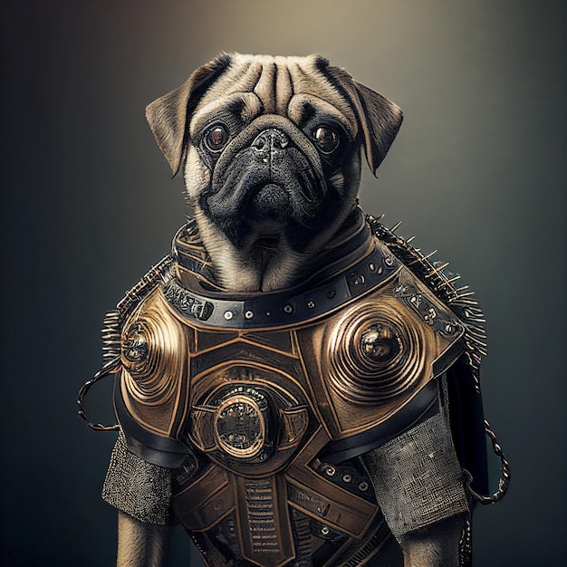 Le chien pug dans le cyberpunk futuriste le métal robotique l'ancienne armure rustique