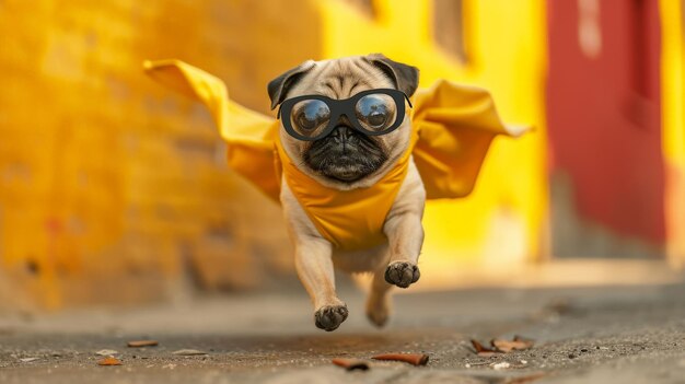 Un chien pug drôle dans une cape jaune et des lunettes volant dans les airs devant un mur jaune