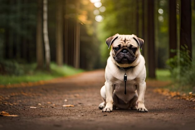 un chien Pug est assis sur un chemin dans la forêt.