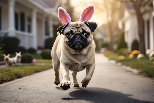 Un chien Pug avec des oreilles de lapin de Pâques qui court sur la route.