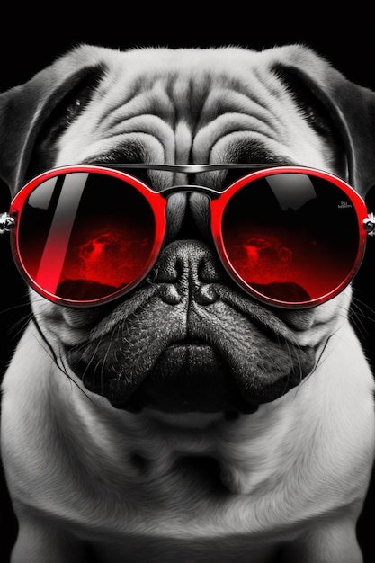 Un chien pug portant des lunettes de soleil rouges avec le mot pug dessus.