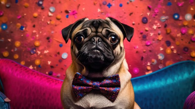 Photo le chien pug porte un costume de mode dans un fond coloré