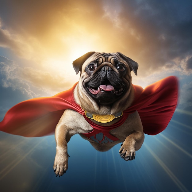 chien pug super-héros avec cape rouge image drôle