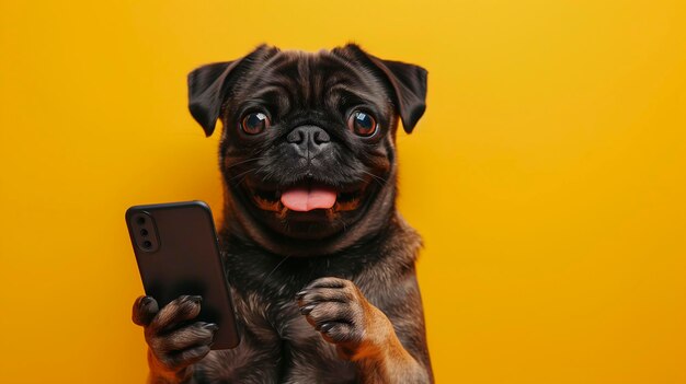 Photo un chien pug tenant un téléphone portable avec ses pattes sur un fond jaune plat simulant une photo de studio