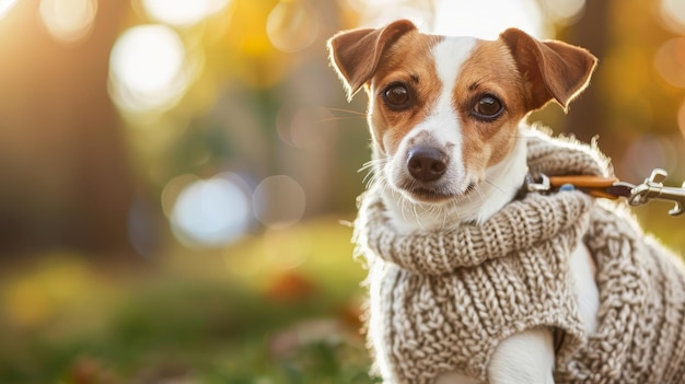 Chien en pull d'automne avec laisse sur un fond vert isolé