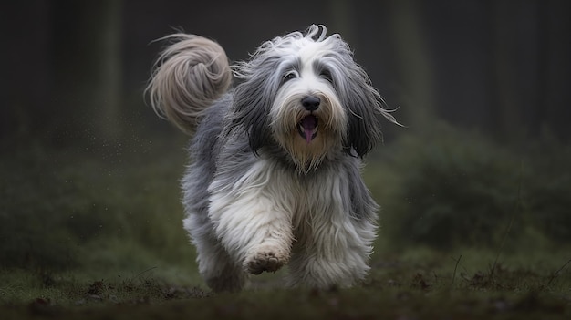 Un chien qui court dans les bois avec un fond sombre