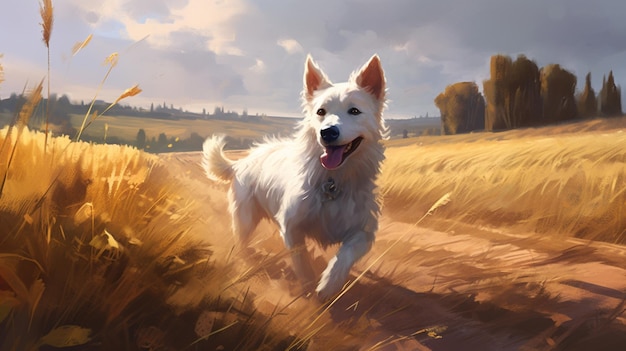 Un chien qui court dans un champ avec un chien sur le devant.