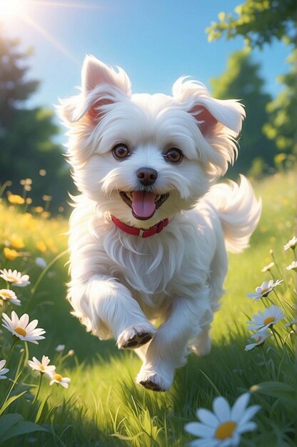 un chien qui court dans un champ de marguerites avec un collier rouge