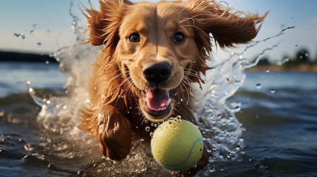 Un chien qui court dans l'eau avec une balle de tennis