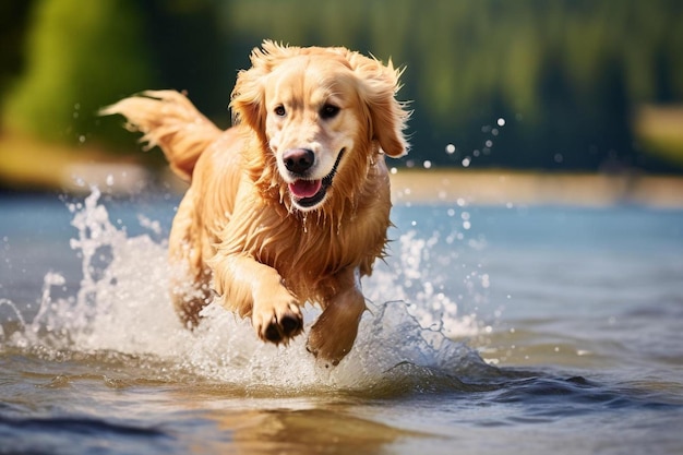 un chien qui court dans l'eau avec une forêt en arrière-plan