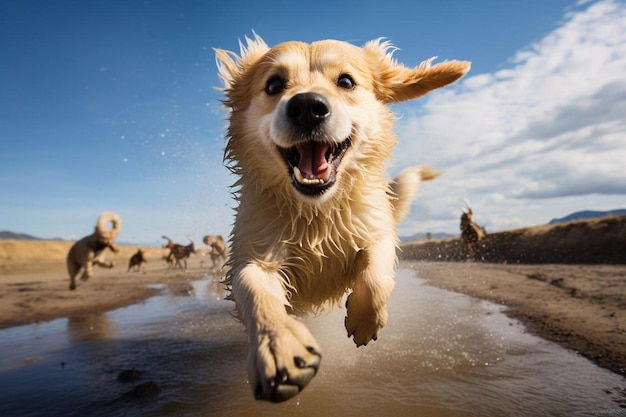 un chien qui court dans une flaque d'eau