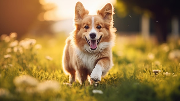 un chien qui court dans l'herbe