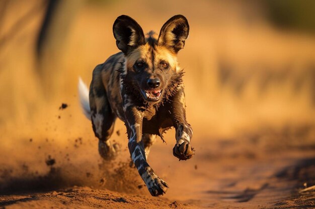 Photo un chien qui court dans la saleté avec sa bouche ouverte