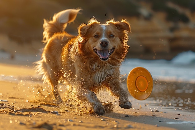 Photo un chien qui court avec un frisbee dans sa bouche