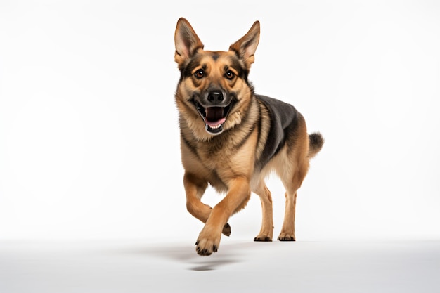 un chien qui court avec la gueule ouverte et la langue sortie