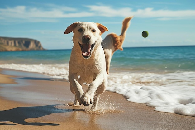 un chien qui court sur la plage avec une balle dans la gueule.