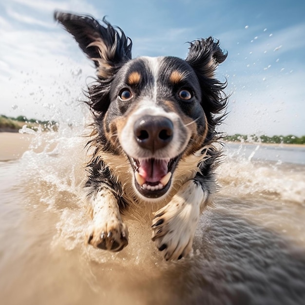 Chien qui court sur la plage