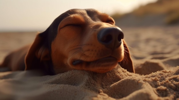 Un chien qui dort dans le sable les yeux fermés