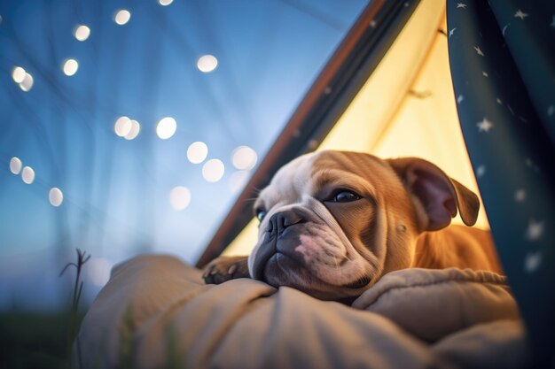 Un chien qui dort à l'extérieur d'une tente sous un ciel étoilé.