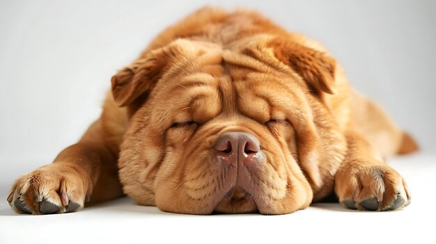 un chien qui dort sur un fond blanc de près