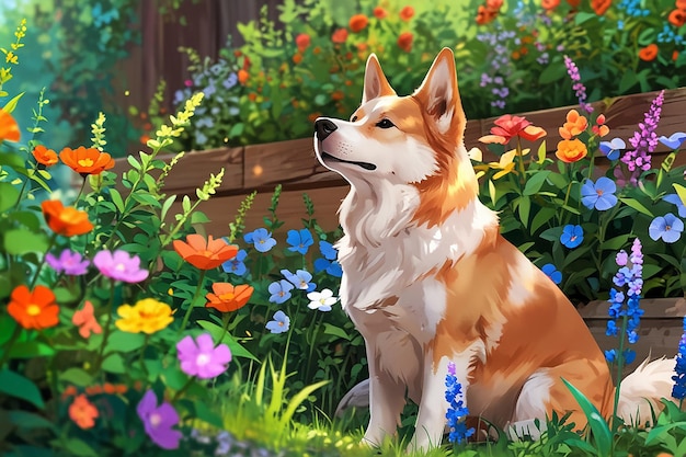 Un chien qui est assis entre les fleurs et regarde les papillons