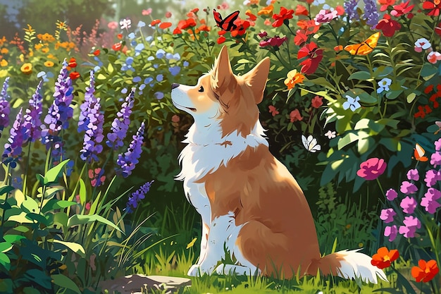 Un chien qui est assis entre les fleurs et regarde les papillons