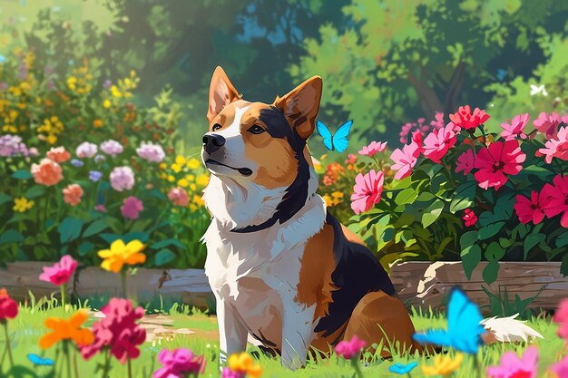 Un chien qui est assis entre les fleurs et regarde les papillons