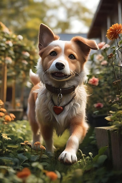 Chien qui joue dans un jardin Ai Generative