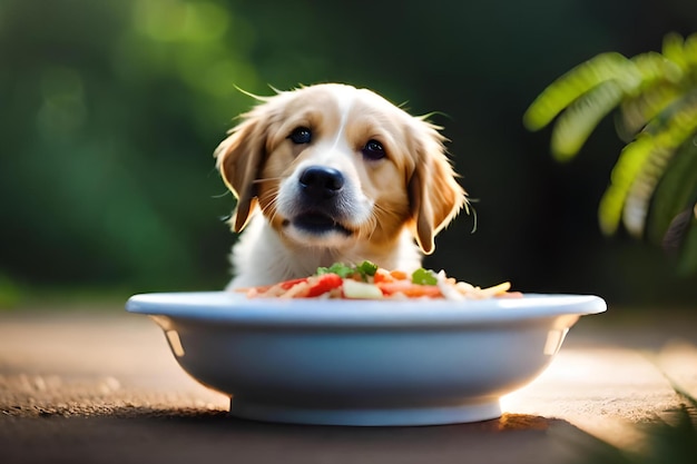 Un chien qui mange de la nourriture dans un bol