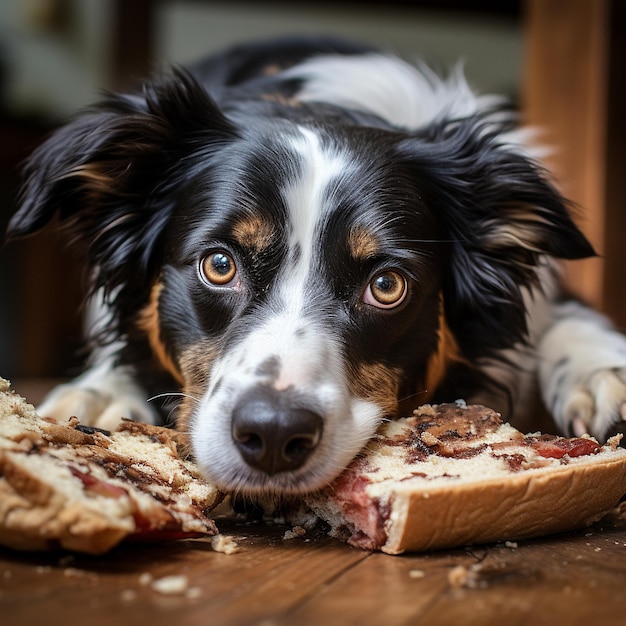 un chien qui mange un sandwich