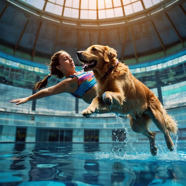 Un chien qui nage sous l'eau dans une piscine générée par l'IA