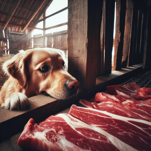 Un chien qui regarde une viande.