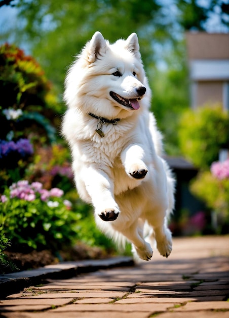 un chien qui saute en l'air avec sa langue dehors