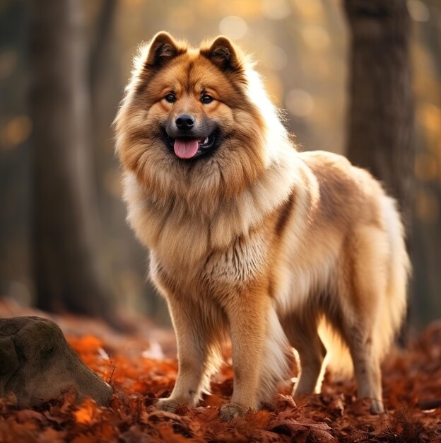 un chien qui se tient dans les feuilles