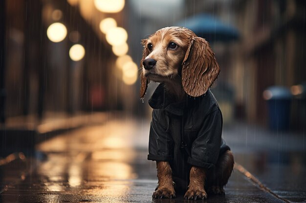 Un chien qui se tient sous la pluie.